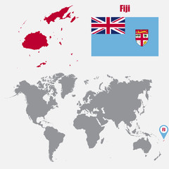 Fiji map on a world map with flag and map pointer. Vector illustration