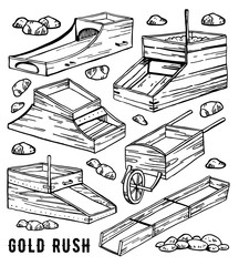 Different rocker boxes. California gold rush vintage outline vector graphic hand drawn set. Historical gold mining tools