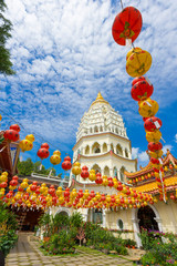 Beautiful Kek Lok Si Temple decorated with red paper lanterns in Penang island, Malaysia