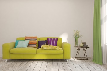 Stylish room in white color with sofa. Scandinavian interior design. 3D illustration