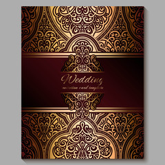 Wedding invitation card with gold shiny eastern and baroque rich foliage. Royal red Ornate islamic background for your design. Islam, Arabic, Indian, Dubai.