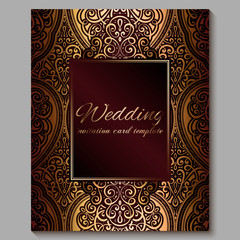 Wedding invitation card with gold shiny eastern and baroque rich foliage. Royal red Ornate islamic background for your design. Islam, Arabic, Indian, Dubai.