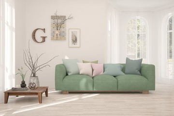 Stylish room in white color with sofa. Scandinavian interior design. 3D illustration