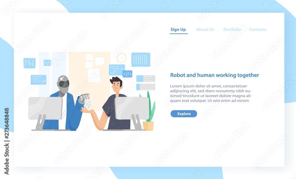 Poster Landing page template with funny robot and man sitting at computers and working together at office. Cooperation and support between human and android. Modern flat vector illustration for website.