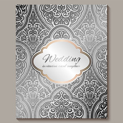 Wedding invitation card with silver shiny eastern and baroque rich foliage. Intricate Ornate islamic background for your design. Islam, Arabic, Indian, Dubai.