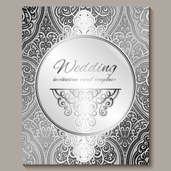Wedding invitation card with silver shiny eastern and baroque rich foliage. Intricate Ornate islamic background for your design. Islam, Arabic, Indian, Dubai.