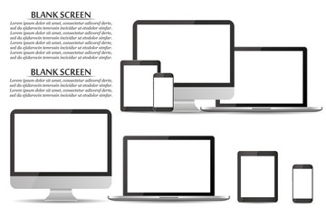 Set of blank screens. Computer monitor, laptop, tablet, smartphone