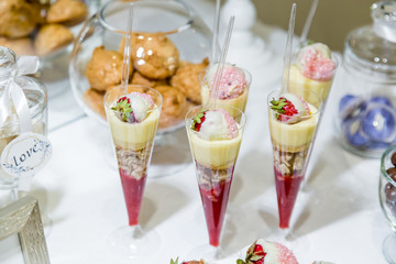 Fresh sweets on festive table in the restaurant.
