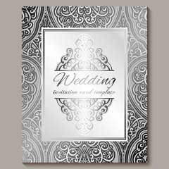 Wedding invitation card with silver shiny eastern and baroque rich foliage. Intricate Ornate islamic background for your design. Islam, Arabic, Indian, Dubai.
