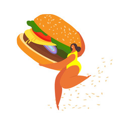Fat overweight woman run carrying a huge burger. Vector flat illustration