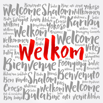 Welkom (Welcome in Afrikaans) word cloud in different languages, conceptual background