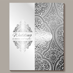 Wedding invitation card with silver shiny eastern and baroque rich foliage. Intricate Ornate islamic background for your design. Islam, Arabic, Indian, Dubai.