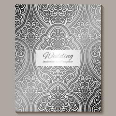 Wedding invitation card with silver shiny eastern and baroque rich foliage. Intricate Ornate islamic background for your design. Islam, Arabic, Indian, Dubai.