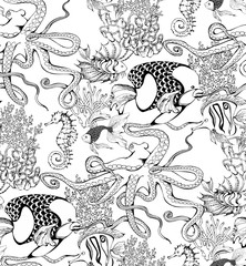 Pattern of fantastic fishes and sea voyages. Vector illustration. Suitable for fabric, wrapping paper and the like