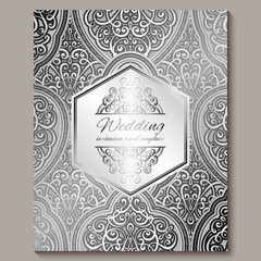 Wedding invitation card with silver shiny eastern and baroque rich foliage. Intricate Ornate islamic background for your design. Islam, Arabic, Indian, Dubai.
