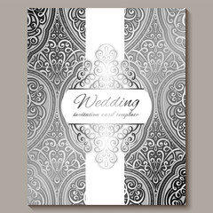 Wedding invitation card with silver shiny eastern and baroque rich foliage. Intricate Ornate islamic background for your design. Islam, Arabic, Indian, Dubai.