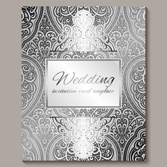 Wedding invitation card with silver shiny eastern and baroque rich foliage. Intricate Ornate islamic background for your design. Islam, Arabic, Indian, Dubai.