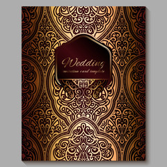 Wedding invitation card with gold shiny eastern and baroque rich foliage. Royal red Ornate islamic background for your design. Islam, Arabic, Indian, Dubai.