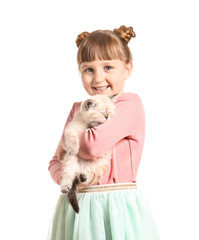 Girl with cute fluffy kitten on white background