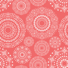 Ethnic seamless pattern with tribal ornaments. Boho geometrical pattern. Living coral color