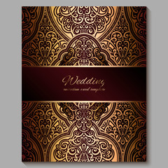 Wedding invitation card with gold shiny eastern and baroque rich foliage. Royal red Ornate islamic background for your design. Islam, Arabic, Indian, Dubai.