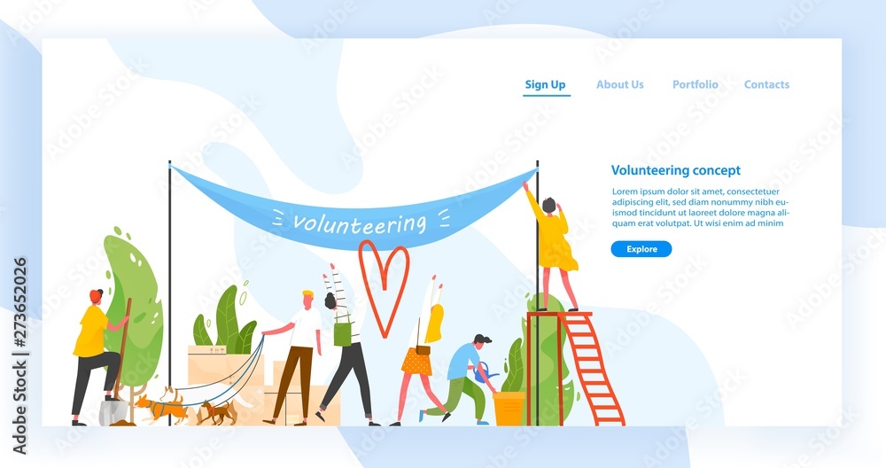 Poster landing page template with group of men and women taking part in volunteer organization or movement,