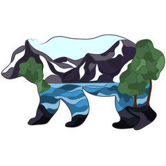 Graphic illustration in the form of a silhouette of a bear and nature inside. Night landscape of the moon lake, mountains and firs. Illustration for t-shirts, trenches or covers.
