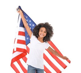 Cute African-American girl with national flag of USA on white background