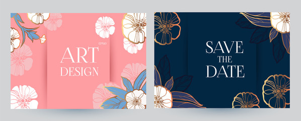 Flower Card or Cover Set. Wedding, Anniversary, Birthday Invitation. Thank You Banner. Art Nouveau Design.