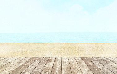 Table top with beach background, sky and cloud in sunny day for product display job showing. Wooden table for display or montage your products.