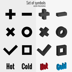 Set of symbols in outline style and in 3D volumetric style. Symbols plus and minus, tic tac toe, cold and hot, agree and disagree. Vector illustration on white background.