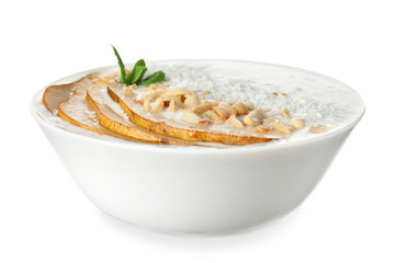 Bowl with tasty chia dessert on white background