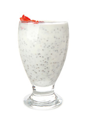 Glass of tasty chia cocktail on white background