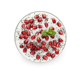 Bowl with tasty chia dessert on white background