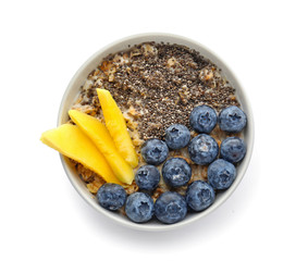 Bowl with tasty chia dessert on white background