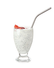 Glass of tasty chia cocktail on white background