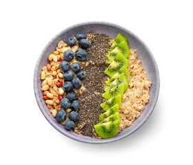 Bowl with tasty chia dessert on white background