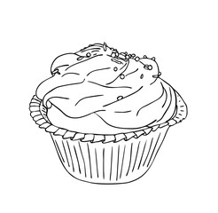 Vector illustration, isolated cupcake basket with cream and confectionery dressing in black and white colors, outline hand painted drawing