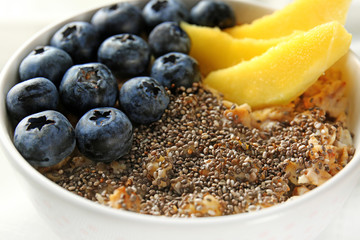 Bowl with tasty chia dessert, closeup