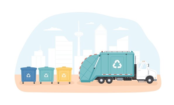 Municipal Dumpsters And Waste Collection Vehicle Or Garbage Truck Collecting Trash Against Modern Cityscape In Background. Junk Sorting And Recycling. Modern Flat Cartoon Colorful Vector Illustration.