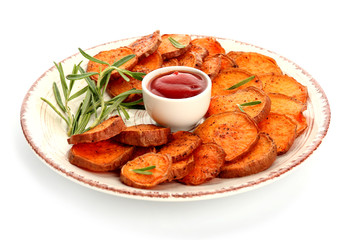 Plate with tasty cooked sweet potato and sauce on white background