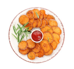 Plate with tasty cooked sweet potato and sauce on white background