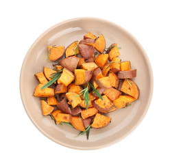 Plate with tasty cooked sweet potato on white background