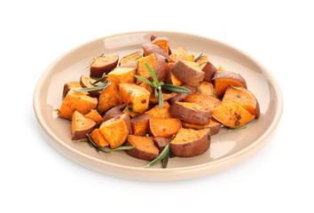 Plate with tasty cooked sweet potato on white background