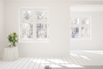 Mock up of empty room in white color with winter landscape in window. Scandinavian interior design. 3D illustration