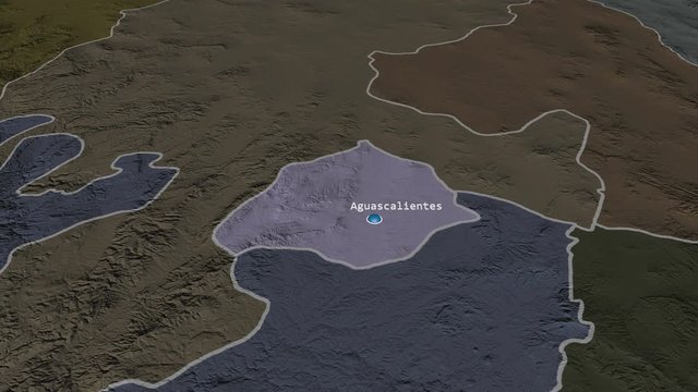 Aguascalientes - state of Mexico zoomed on the administrative map of the globe. Animation 3D