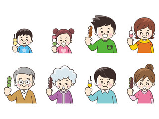 串団子を食べる人々