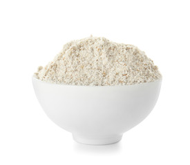 Bowl with flour on white background