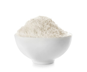 Bowl with flour on white background