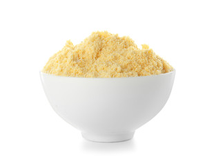 Bowl with flour on white background